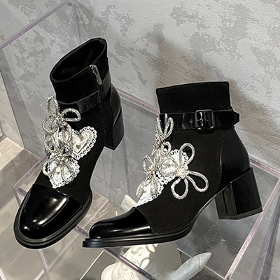 Botines Cortos con Moño de Diamantes y Tacón Grueso - Image 2