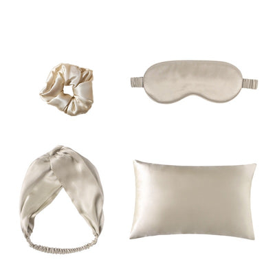 Juego de 4 Piezas: Antifaz de Seda Bilateral, Funda de Almohada y Cinta para Cabello