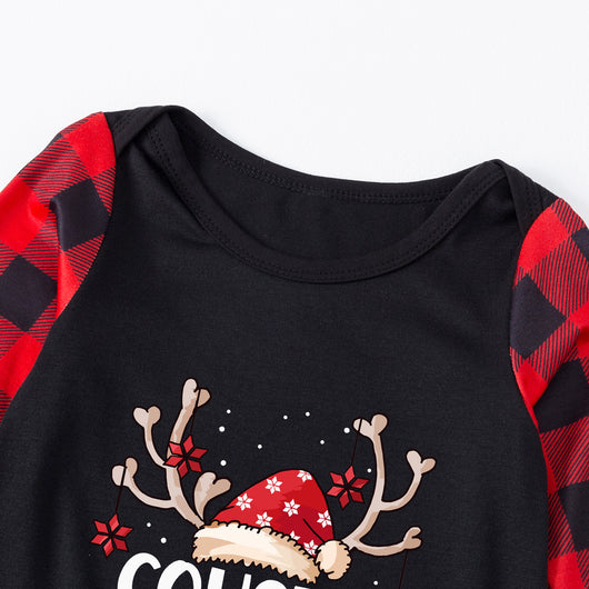 Kids' black and red buffalo plaid Christmas pajamas with 'Cousin Crew' graphic and reindeer antlers. - Image 11