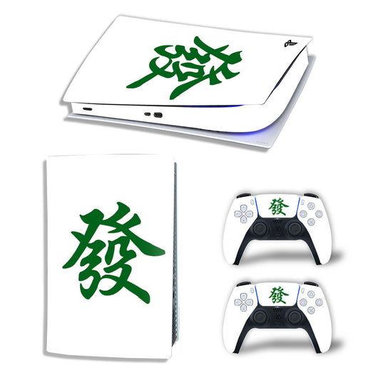 White PS5 console and controller skins with a green Mahjong character design. - Image 5