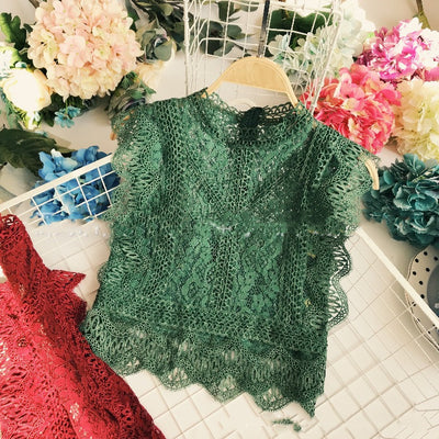 Blusa Crop Top de Encaje Transparente Cuello Redondo Sin Mangas - Image 7