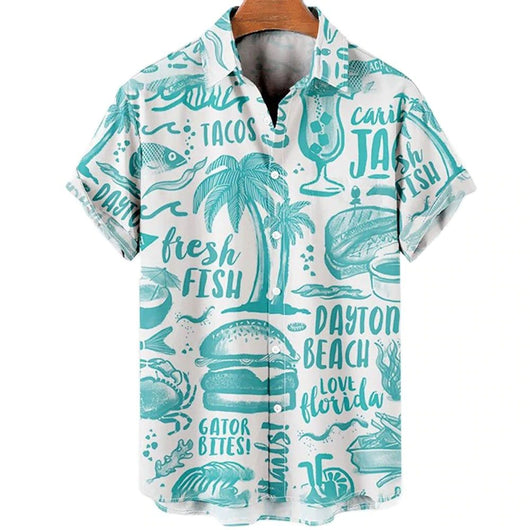 Camisa Casual Slim Estampado 3D Playa Manga Corta para Hombre - Image 36