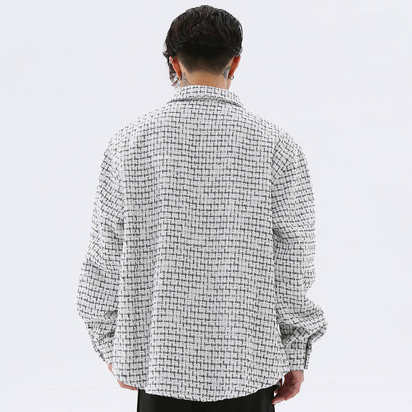Camisa Hombre Vintage Cuadros Suelta Solapas Trenzadas Manga Larga
