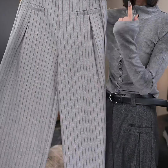 Pantalones de Lana con Diseño de Rayas Grises