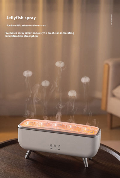 White rectangular ultrasonic humidifier with a textured top, silver legs, and control icons for mist, rotation, and light. - Image 10