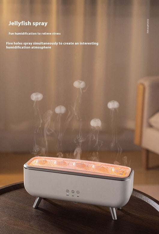 White rectangular ultrasonic humidifier with a textured top, silver legs, and control icons for mist, rotation, and light. - Image 10