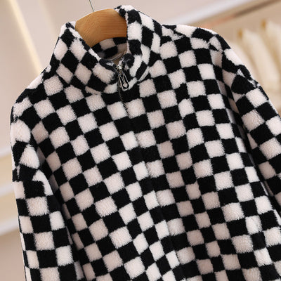 Chaqueta Polar Corta con Cuello Alto y Cierre de Cremallera - Diseño Cuadriculado en Lana - Image 3