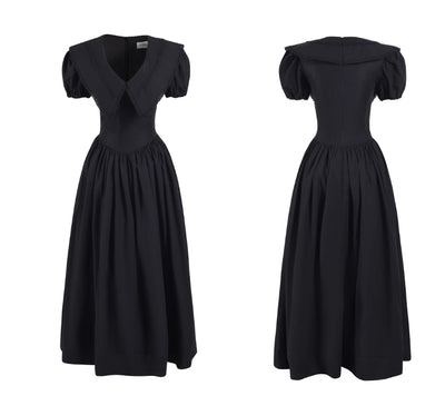 Vestido Negro Elegante con Cuello V y Mangas Abullonadas Estilo Francés - Image 9