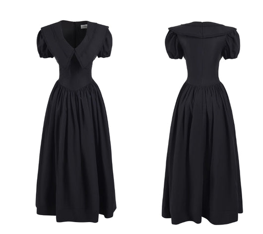Vestido Negro Elegante con Cuello V y Mangas Abullonadas Estilo Francés - Image 9