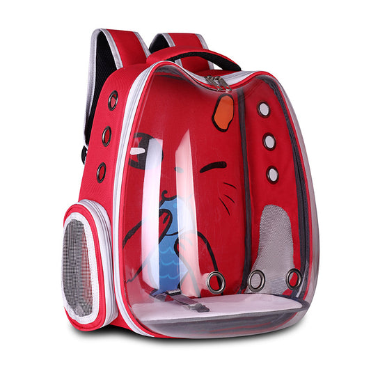 Light blue pet carrier backpack with a clear bubble window and a cartoon cat face design, featuring mesh sides. - Image 2