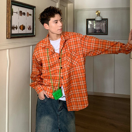 Camisa Cuadros Naranja Suelta Manga Larga Casual Hombre Estilo Retro