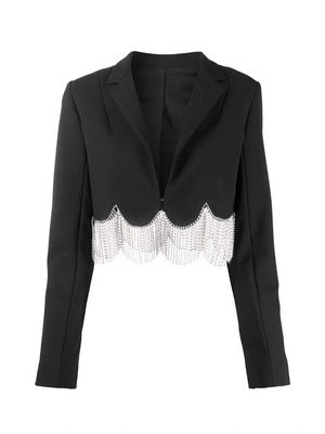 Blazer Negro para Mujer con Cadena de Diamantes y Borlas de Lujo - Image 8