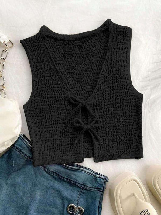 Chaleco Tejido Anudado de Color Liso para Mujer - Estilo Casual Crochet - Image 2