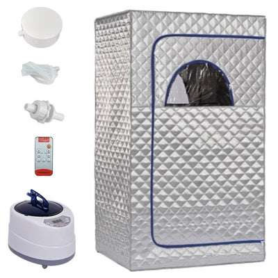 Portable brown quilted full body sauna room with steam generator, remote control, and accessories on a white background. - Image 6