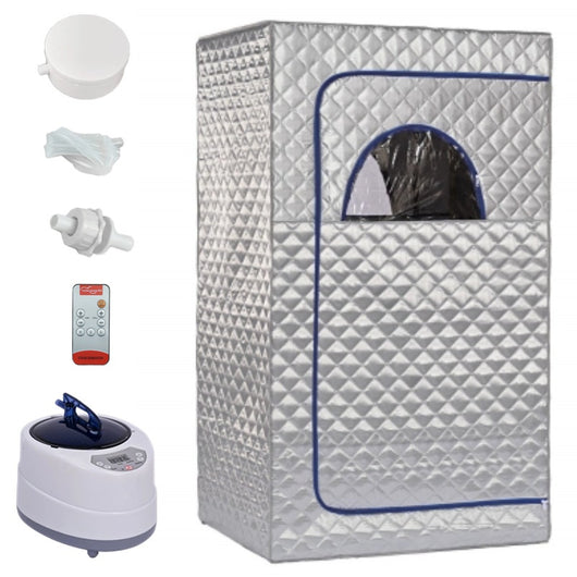 Portable brown quilted full body sauna room with steam generator, remote control, and accessories on a white background. - Image 6