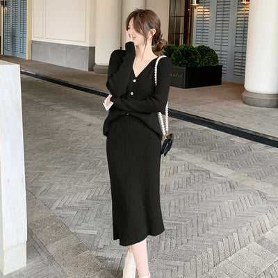 Conjunto de Falda y Suéter Tejido Cuello V para Otoño e Invierno - Image 11