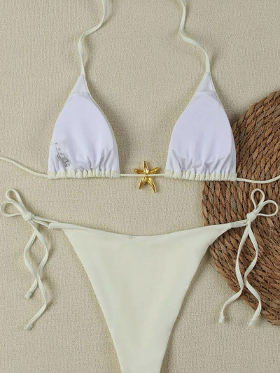 White two-piece bikini with triangle top and tie-side bottom, featuring a gold starfish charm. - Image 7