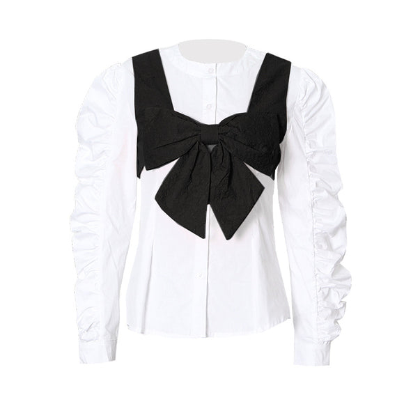 Conjunto de Dos Piezas: Chaleco Reversible con Blusa de Manga Globo y Moño para Mujer