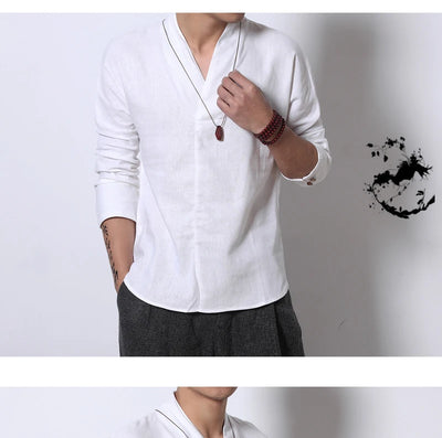 Camisa Lino Manga Larga Estilo Chino Retro para Hombre - Image 25