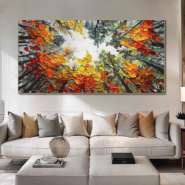 Cuadro Bosque Otoñal Pintado a Mano - Óleo Artístico Naranja y Madera para Decoración Natural