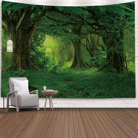 Large wall tapestry featuring a vibrant green forest with a cascading waterfall over rocks, displayed in a room. - Image 3