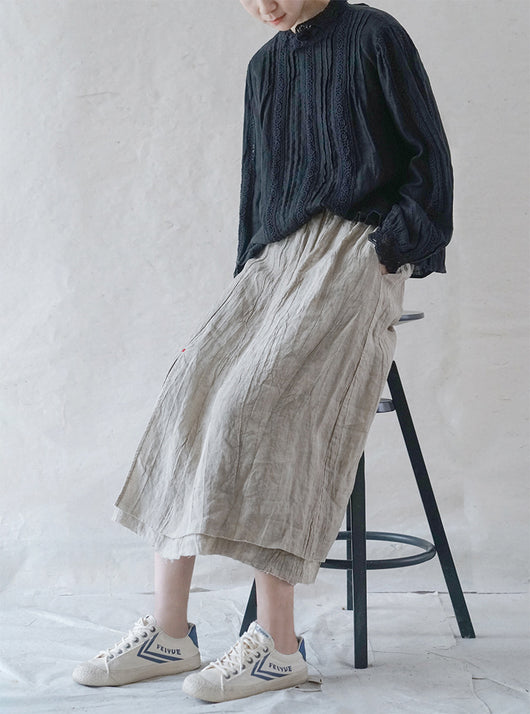Falda Lino Teñido Vintage Slim con Borde Deshilachado - Diseño Retro Versátil - Image 7