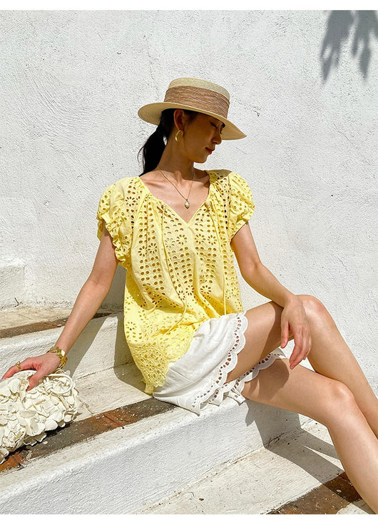 Blusa Bordada Estilo Vacacional Manga Corta Diseño Francés de Verano - Image 27