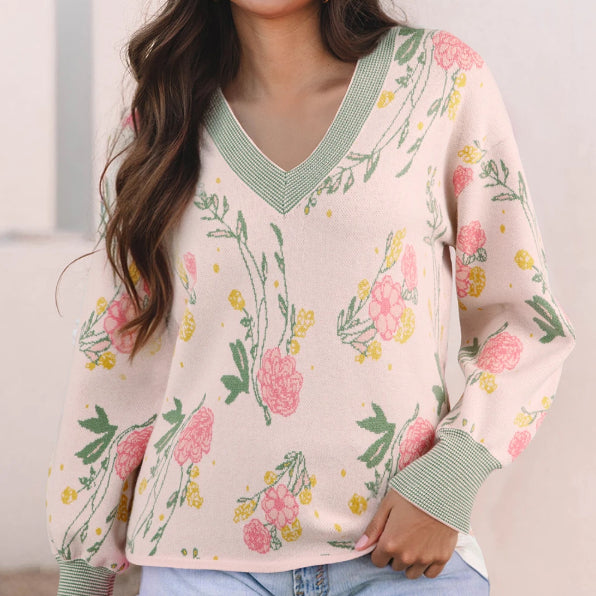 Suéter Holgado con Escote en V, Rayas y Estampado Floral