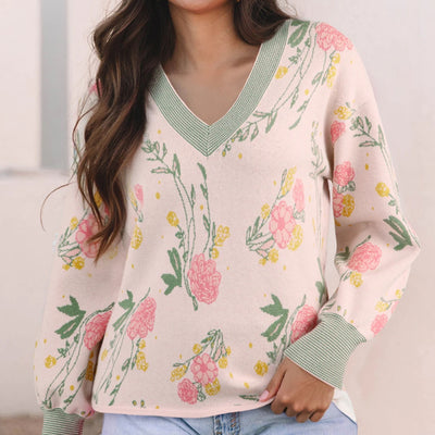 Suéter Holgado con Escote en V, Rayas y Estampado Floral
