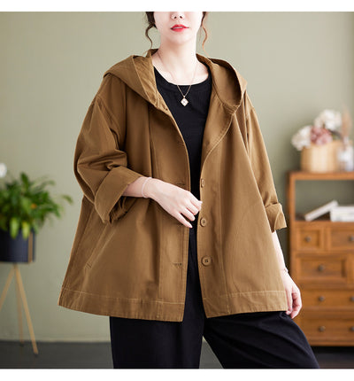 Abrigo Suelto con Capucha Mujer Retro Khaki Algodón Casual Costura Artística - Image 19