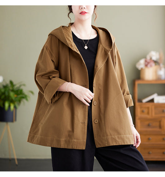 Abrigo Suelto con Capucha Mujer Retro Khaki Algodón Casual Costura Artística - Image 19