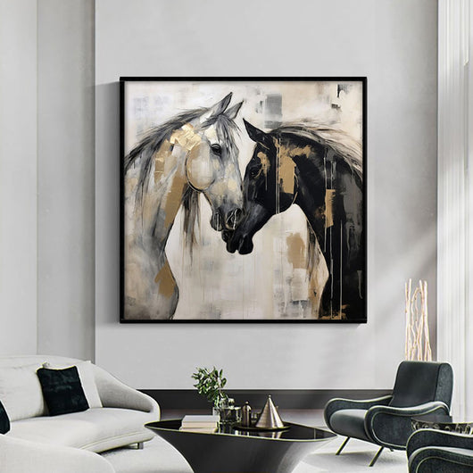 Cuadro Abstracto de Caballos Pintado a Mano - Arte Moderno en Blanco y Negro para Oficina