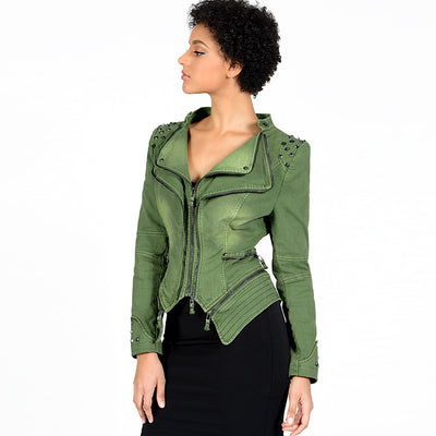 Chaqueta de Cuero Motociclista Ajustada con Remaches para Mujer - Image 11