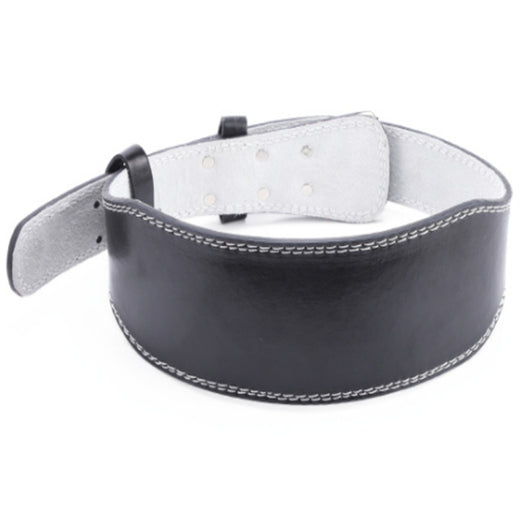 Black PU weightlifting belt with white stitching and a light gray interior, designed for deadlifts and squats. - Image 4