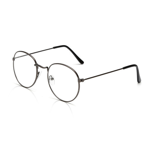 Retro oval anti-blue light glasses with a dark metal frame and clear lenses on a white background. - Image 2
