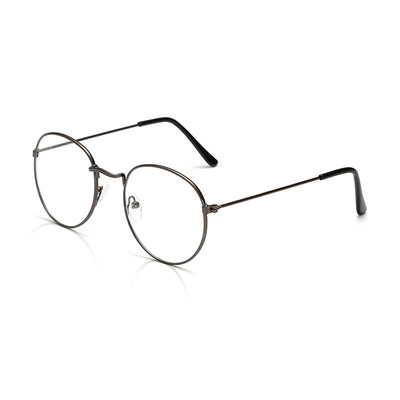 Retro oval anti-blue light glasses with a dark metal frame and clear lenses on a white background. - Image 2