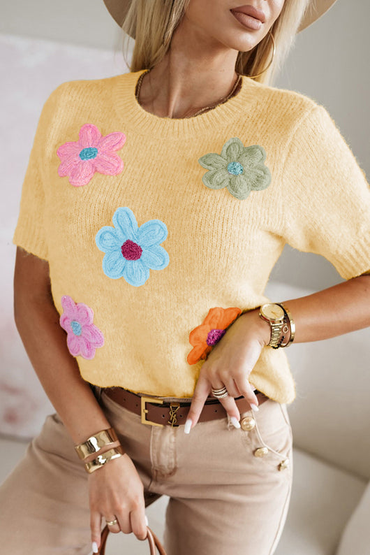 Blusa Tejida de Manga Corta con Flores 3D - Estilo Europeo Casual - Image 15