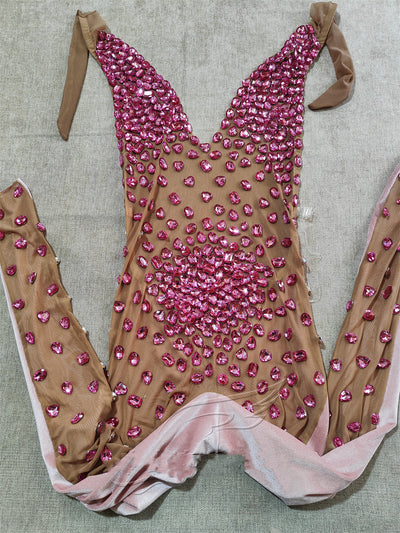 Traje de Presentación Elástico Gris Terciopelo con Cristales Brillantes para Mujer - Image 13