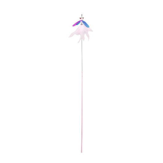 Fluffy pink feather cat toy replacement head with iridescent purple and blue wings, small bells, and a hook. - Image 10