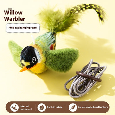 Plush bird cat toy with orange chest, grey body, feathered tail, and an elastic string for interactive play. - Image 21