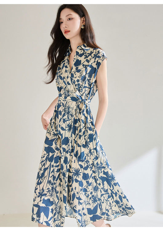 Vestido Camisero Ajustado Estampado Azul y Blanco - Image 15
