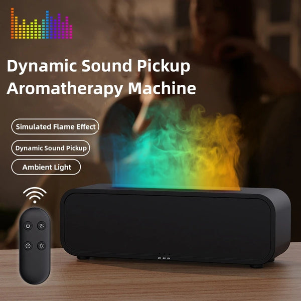 Difusor de Aroma con Efecto Llama Dinámico, Control Remoto y Luces Sincronizadas con Música