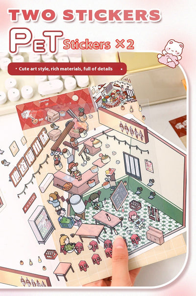 Diy Notebook Decompression Stacking Miniature Sticker set featuring a cute cartoon hot pot shop scene with animal characters. - Image 44