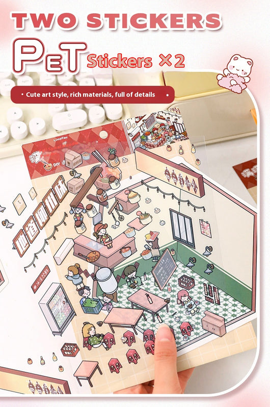 Diy Notebook Decompression Stacking Miniature Sticker set featuring a cute cartoon hot pot shop scene with animal characters. - Image 44