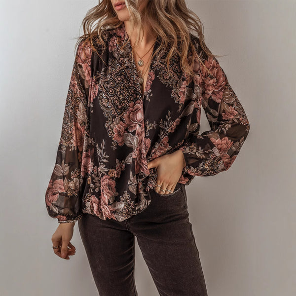 Blusa Floral de Chifón con Escote en V y Mangas Largas para Mujer