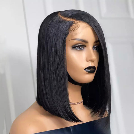 Peluca Sintética Frontal de Encaje Negro Cabello Liso Corto para Mujer