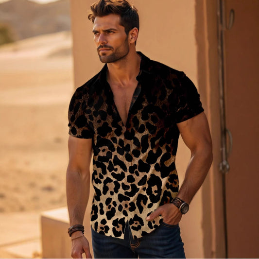 Camisa Elástica Estampado Leopardo de Cuatro Costados para Hombre