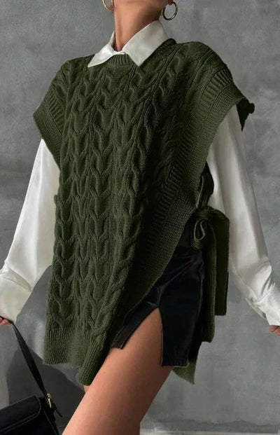Chaleco Tejido Casual con Cuello V y Amarre Decorativo