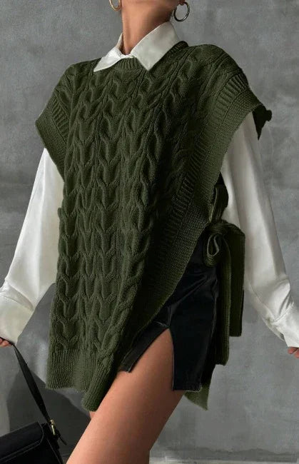 Chaleco Tejido Casual con Cuello V y Amarre Decorativo