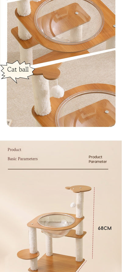 Multi-layer cat tree with a plush top bed, clear space capsule, wooden cat house, sisal scratching posts, and climbing stairs. - Image 11
